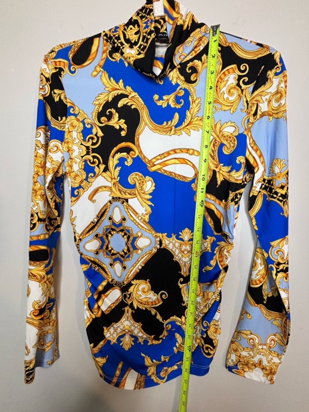 Boston Proper Blue Gold Baroque Ruched Mock Neck Long Sleeve Top Size Small - Picture 8 of 9